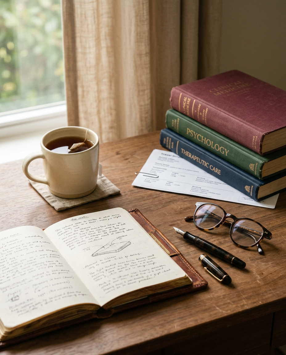 Clinician's desk with an open notebook, reading glasses, and psychology books