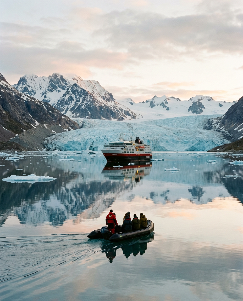 Small expedition ship anchored in a still glacial fjord at sunrise