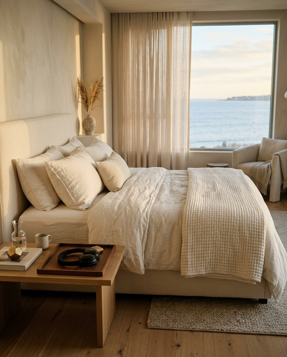 Calm luxury suite with linen bedding, soft light, and a quiet ocean view